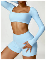 Hearuisavy Summer 2PCS Long Sleeve Gym Set Women Yoga Clothes Quick-Drying Sportswear Running Leggings Workout Sports Crop Top