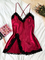 Women's Sleepdress Contrast Lace Satin Nightdress Deep V Backless Lace Up Split Slip Sleep Casual Dress Summer Nightwear Female