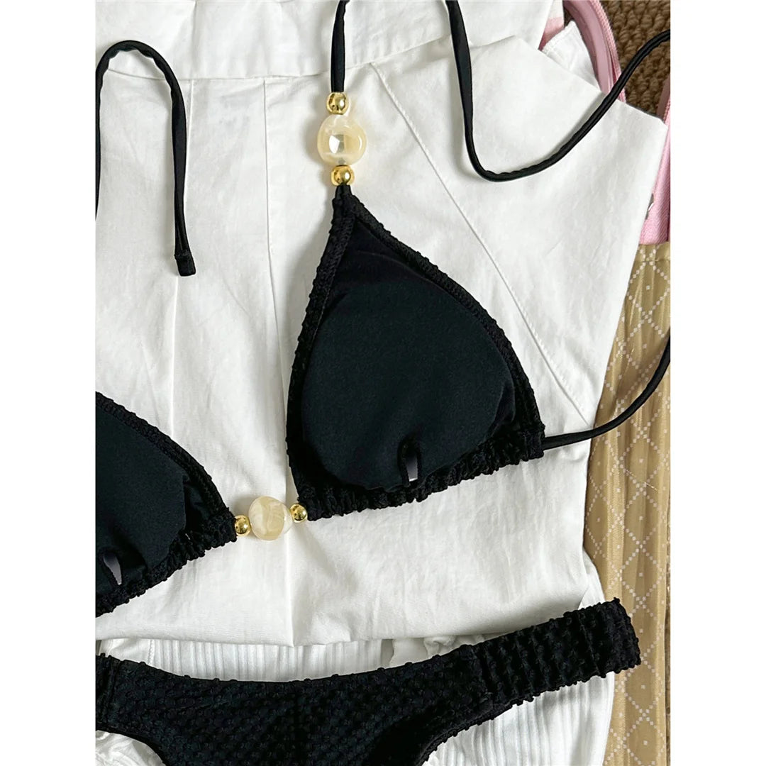 Wrinkled Crinkled Halter Bikini Female Swimsuit Women Swimwear Two-pieces Bikini set Brazilian Bather Bathing Suit Swim V8134