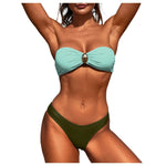Womens Bandeau Strapless Bikini Set Metal Ring Decor Front Twist Two Piece Swimsuit Sexy Backless Cheeky Brazilian Bathing Suits