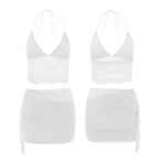 Women Lace Flower 2 Piece Sets Sleeveless Corset Cami Tops + Cut Out Tie-up Mini Skirts Sets Sexy Streewear