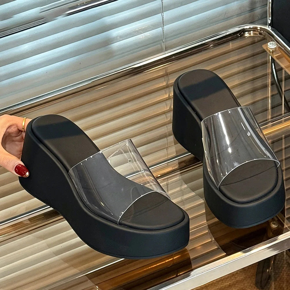 Transparent PVC Wedge Slide Mules Shoes Women Vintage Slip On Platform 7.5CM High Heel Leopard Print Polka Dot Summer Sandals
