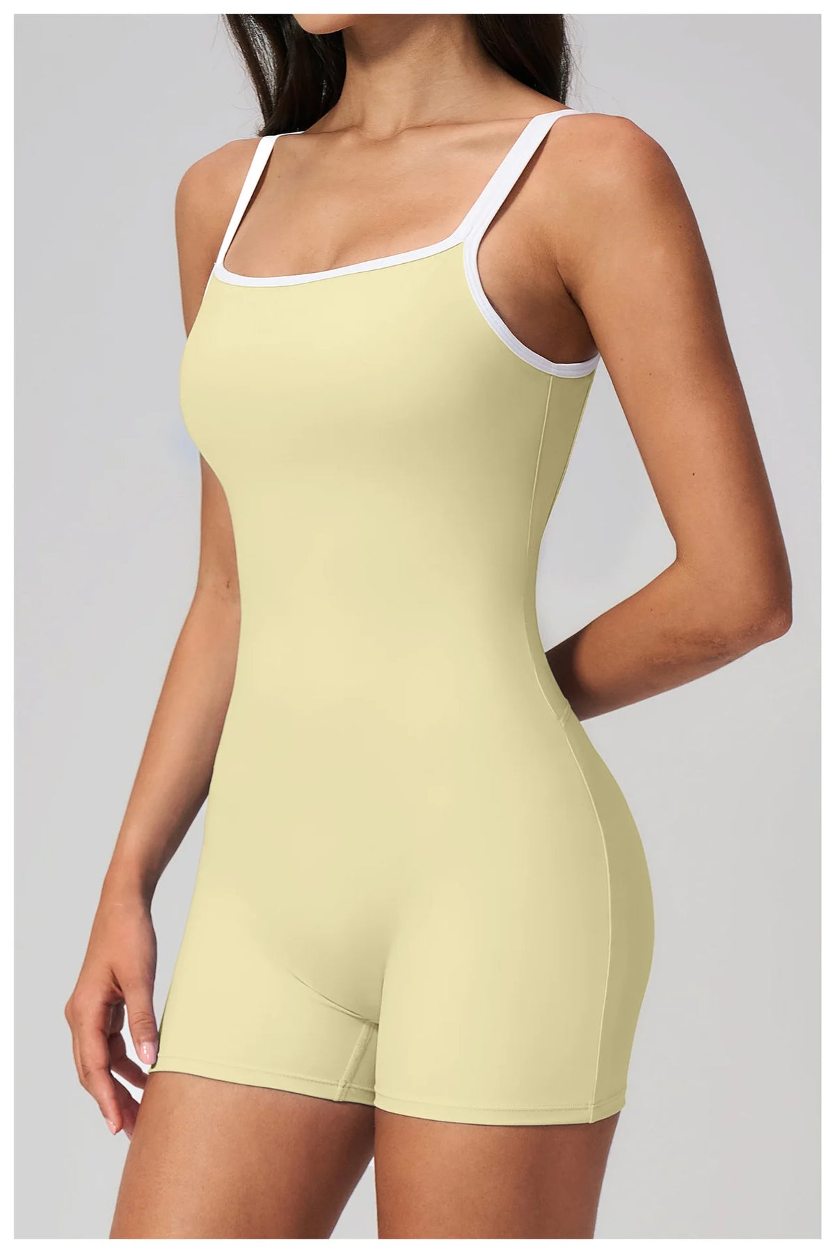 Tight Fitting One-piece Yoga Suit Women Color Bloack Square Collar Hollow Out Backless Butt-Lifting Gym Sports Short Jumpsuit