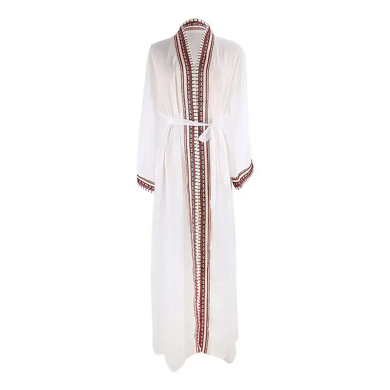 White Chiffon Long Maxi Kimono Cardigan Women Beach Cover Up Embroidery Edge with Belt Tunica Kaftans Femininos Beachwear 2026