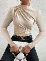 Casual Pleated Mock Neck Long Sleeve T-shirt for Women Autumn Winter Spring Solid Color Ruched Skinny Slim Fit Blouse Top Tshirt