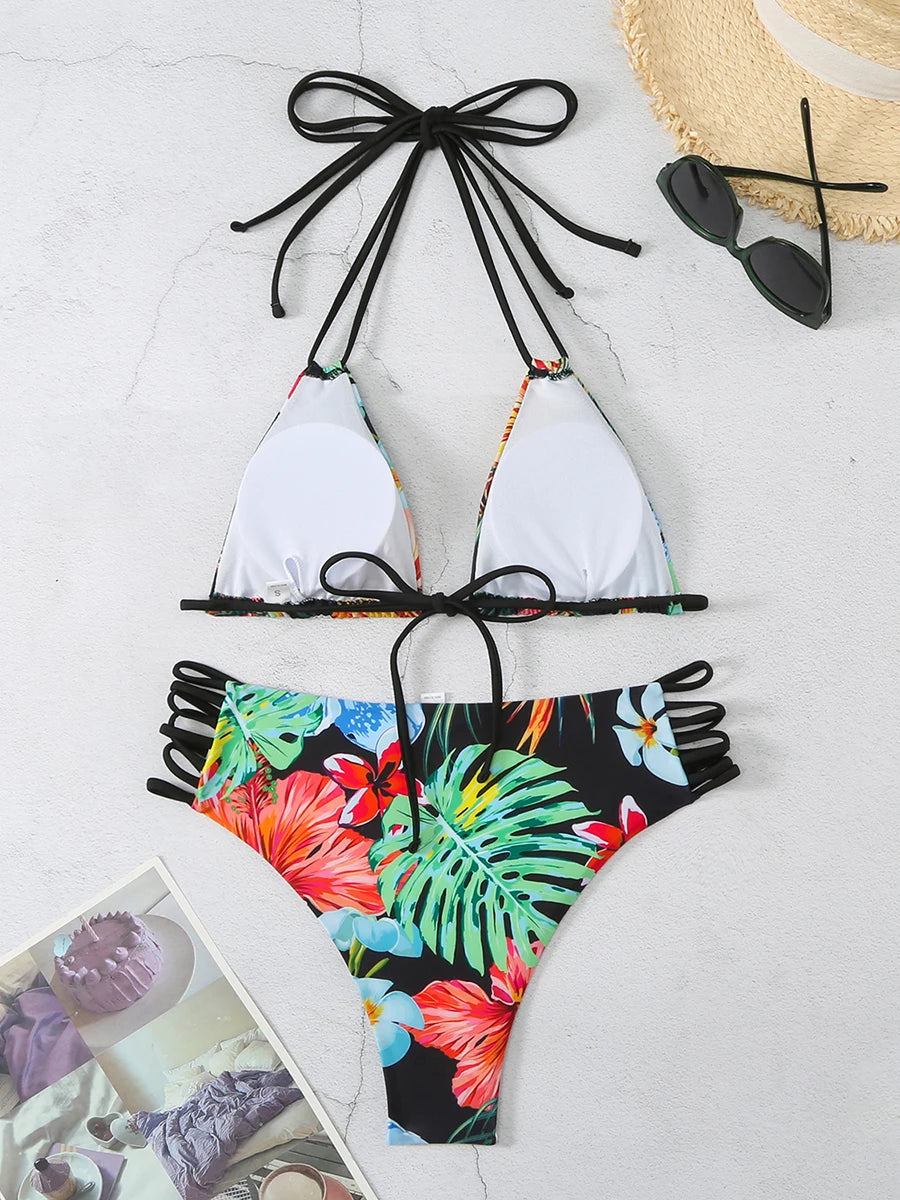 Halter String Floral Bikini 2026 High Waist Swimsuit Women Padded Swimwear Female Bathers Bathing Swimming Swim Suit Beachwear
