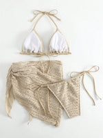 Sexy Mesh Skirt 3 Piece Swimsuit Women Solid Beige Hole Out Push Up Triangle Bikini 2025 Beach Bathing Suit Cover Up Swimwear