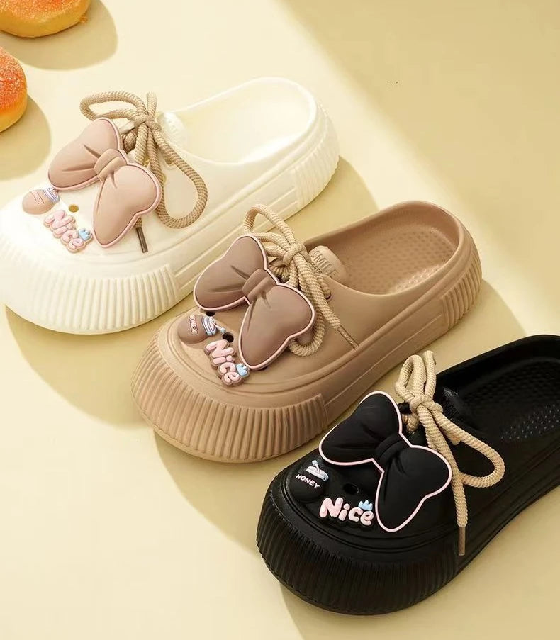 2025 New Slippers DIY Bow Platform Sandals for Women Summer Thick Sole Beach Slides Woman Flowers Non Slip Clogs Garden Shoes