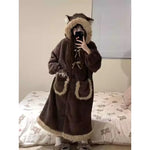 Cute Coral Velvet Hooded Pajamas Long Robes Women Winter Warm Soft Plush Thickened Night Gown Students Homewear Bath Robe 2025