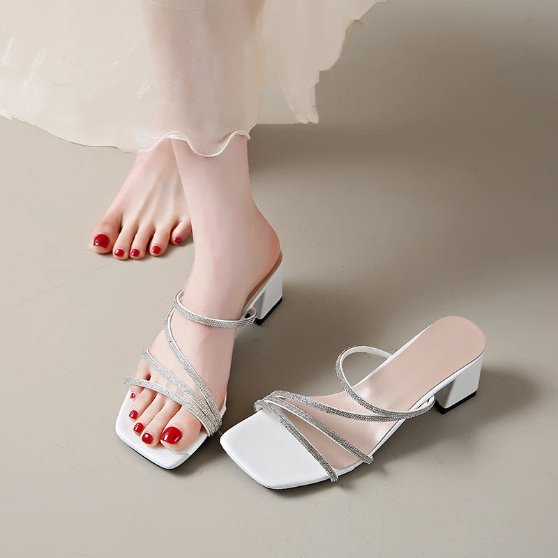 Women Square Toe Rhinestone Cross‑Strap Block Heel Slide Mules Open Toe Slip‑On Dress Party Wedding Heeled Slippers Large Size