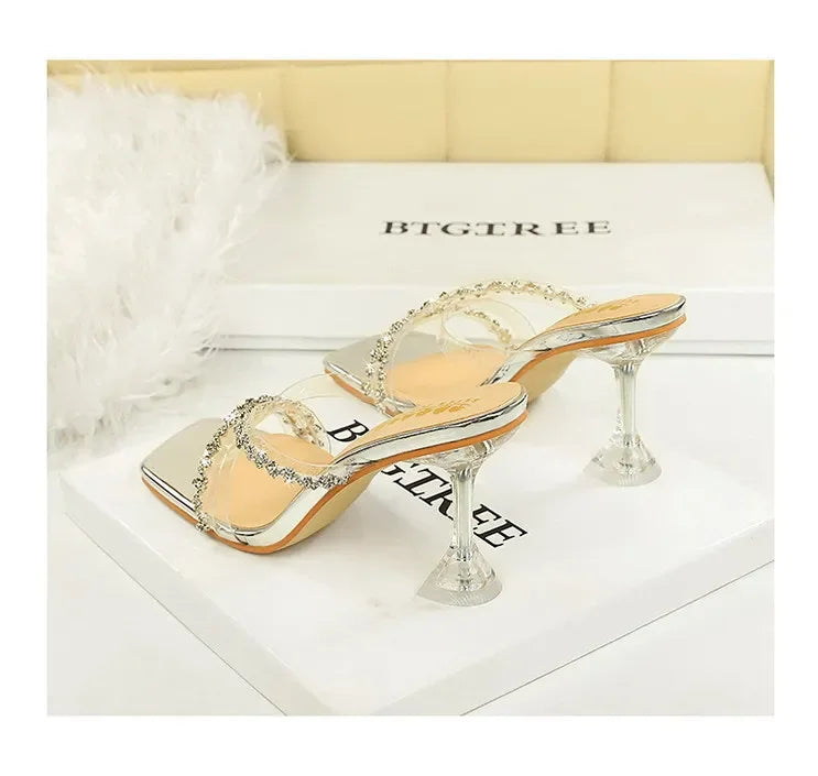 Transparent High Heels Women's Summer New Fashion Thin Heel Sandals Outdoor Wear Rhinestone Slippers Modern Minimalist Style