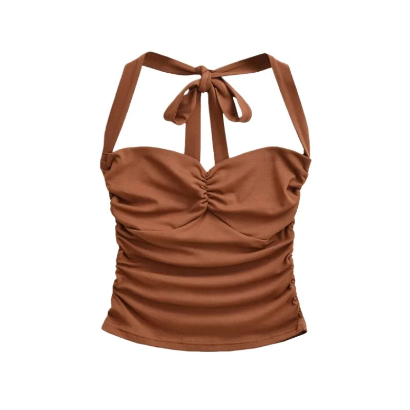 New Women's Fashion Sexy Backless Halter Neck Tie-up Ruched Tube Top Ultra-short Camisole Top In Solid Color Pure Desire F1MR