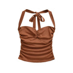 New Women's Fashion Sexy Backless Halter Neck Tie-up Ruched Tube Top Ultra-short Camisole Top In Solid Color Pure Desire F1MR