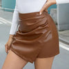 Women High-Waisted Mini Skort Pure Color Slimming Design Fake Skort Ladies Faux Leather Hip-Covered Mini Skirt For Daily Wear