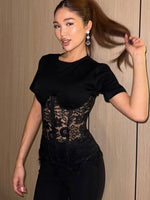 FDYOUI Woman Clothing Lace Patchwork Corset T-shirt 2026 Elegant Sexy Short Sleeve See-through Black Tops Y2K Girls T-shirts