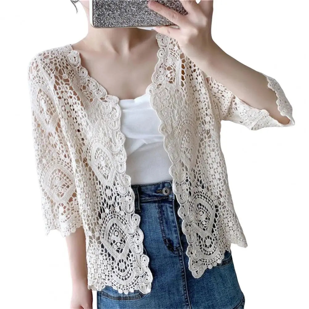 3/4 Sleeve Hollow Out Open Front Sheer Sweater Crochet Cardigan for Women Lightweight Boho Summer Beach Knit Shrug