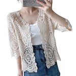 3/4 Sleeve Hollow Out Open Front Sheer Sweater Crochet Cardigan for Women Lightweight Boho Summer Beach Knit Shrug