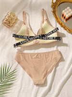 Women's front buckle letter belt underwear set without steel ring gathering push up comfortable close fitting bra set J008