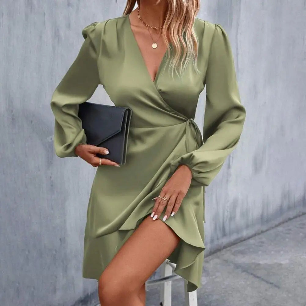 Smooth Satin Ruffle Trim Dress Women Mini Dress V-Neck Lantern Long Sleeve Side Lace-up Dress Solid Color