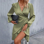 Smooth Satin Ruffle Trim Dress Women Mini Dress V-Neck Lantern Long Sleeve Side Lace-up Dress Solid Color