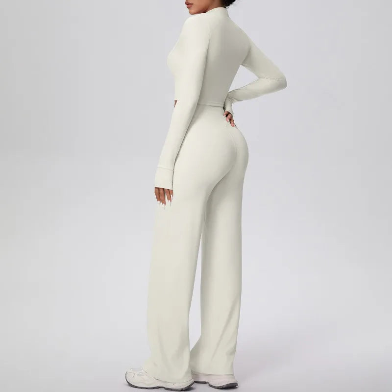 2 Pcs Women's Seamless Yoga Set Long-sleeved Wide-leg Pants Tracksuit Fitness Sports Set High-waisted Hip-lifting Slim-fit Suit