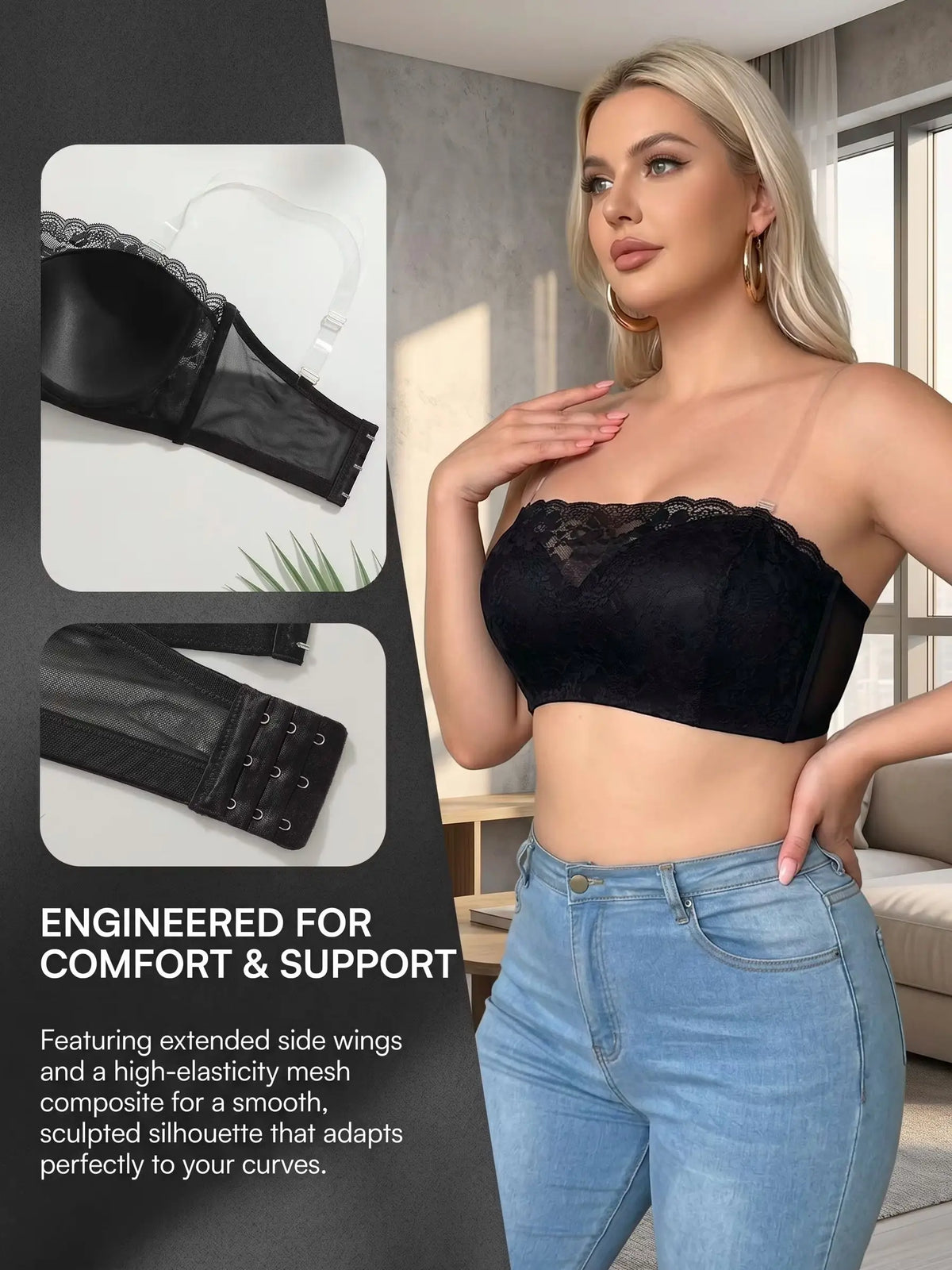 Plus Size Strapless Bra C D Cup Underwire Black Lace WomenAnti-Slip Comfort Support Lingerie for evening gowns MR3502