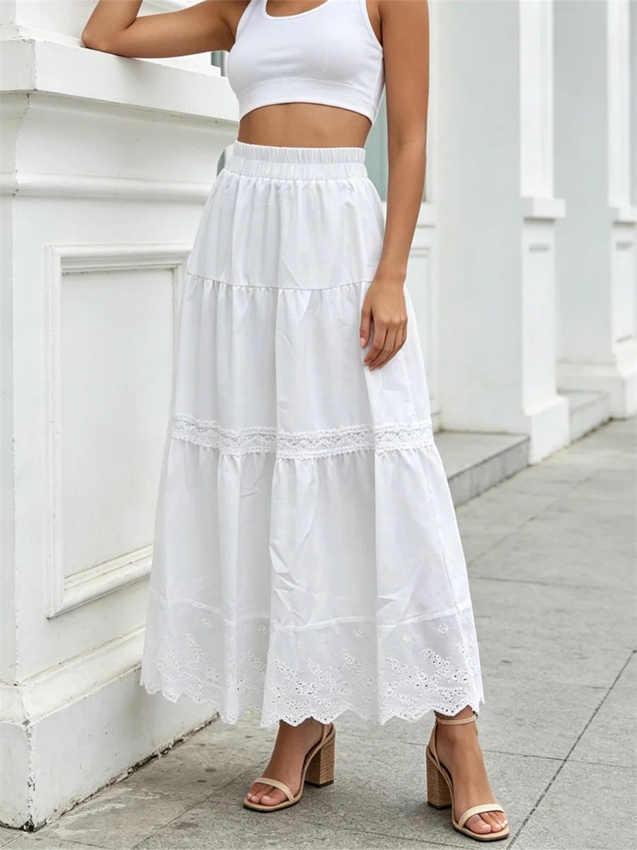 Women's Boho Long Skirts Hollow Out Hem Elastic Waist Loose Fit Pleated A-line Skirts Summer Casual Fashion Skirts