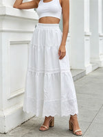 Women's Boho Long Skirts Hollow Out Hem Elastic Waist Loose Fit Pleated A-line Skirts Summer Casual Fashion Skirts
