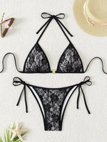 Embroidery Mesh Lace Halter Bikini Female Swimsuit Women Swimwear Two-pieces Bikini Set High Cut Bathing Suit Swim Beach Wear