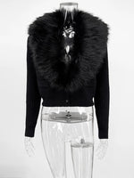 Trendix Black Knit Cardigan For Women Winter Detachable Faux Fur Collar Short Tops Street Slim Party Elegant Outerwear Top Femme