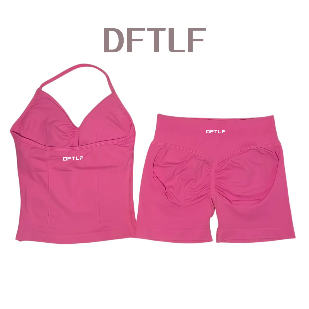 DFTLF 2 Pieces Sports Set Women Backless Tank Yoga Tops High Waist Scrunch Seamless Shorts Sport Gym Set Sportswear Workout Set