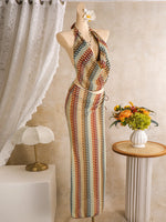 Bohemia Style Coffee Striped Bikini Set 2026 Women Cover Up+Long Skirt 4 Piece Swimsuit Summer Holiday Bathing Suit Swimwear