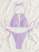 2025 Halter Tie Side Hollow Out Smocked Bikini Women Swimsuit Female Swimwear Two Pieces Bikini Set Swim Bathing Suit Beach Wear