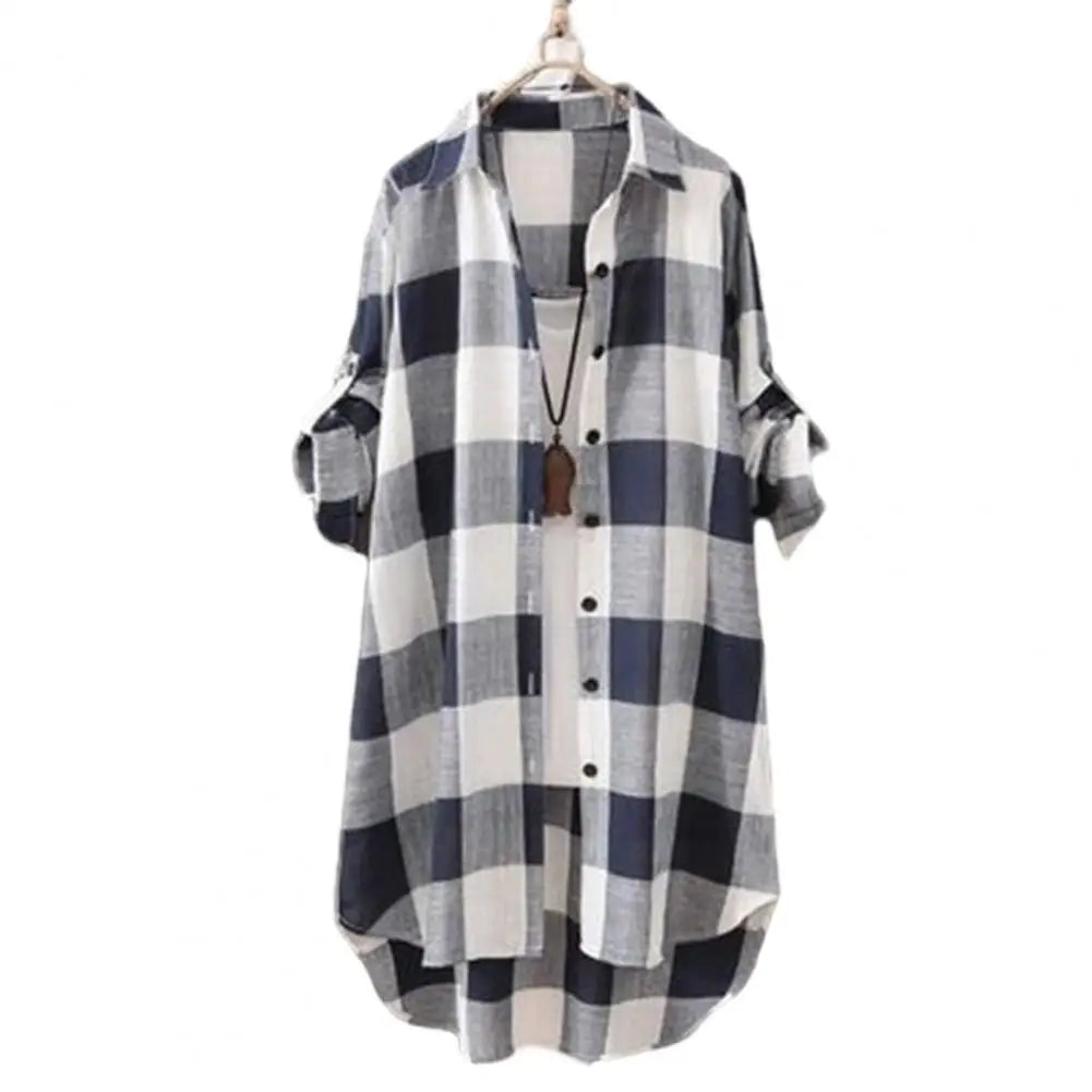 Long Sleeve Lapel Oversized Shirts Women Shirt Plaid Print Irregular Hem Single-breasted Soft Breathable Lady Long Top