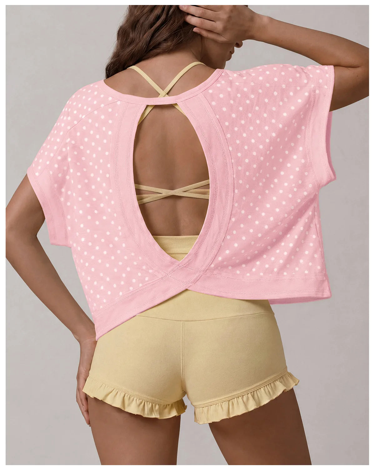 Summer Back Hollow Out Yoga T Shirts Women Polka Dot Print Short Sleeve Loose Sports Cover Up Breathable Training Fitness Tops
