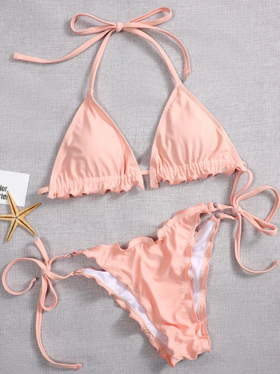 Ribbed Ruffled Frilled Brazilian Bikini Women Swimsuit Female Swimwear Two Pieces Bikini Set Halter String Bathing Suit Swim
