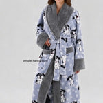 Warm Flannel Long Couples Robe Autumn Winter Color Block Lapel Funny Cartoon Print Bathrobe with Double Pockets Loungewear