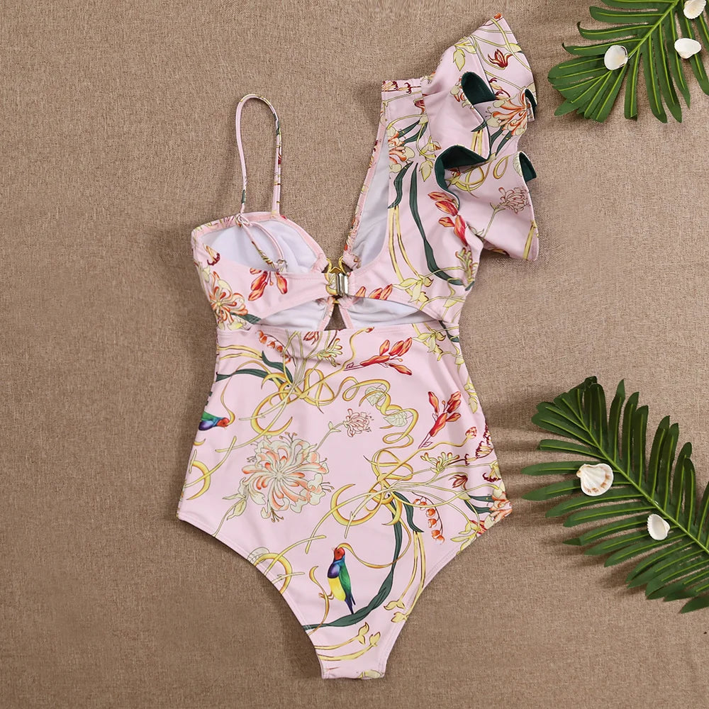 2023 Sexy One Piece Swimsuit One Shoulder RuffleSwimwear Women Bathing Suit Print Floral Beachwear Luxury Monokini