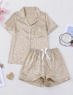 Women Satin Leopard Jacquard Pajama Set Lapel Button Down Short Sleeve Top & Shorts 2‑Piece Ladies Summer Sleepwear Loungewear