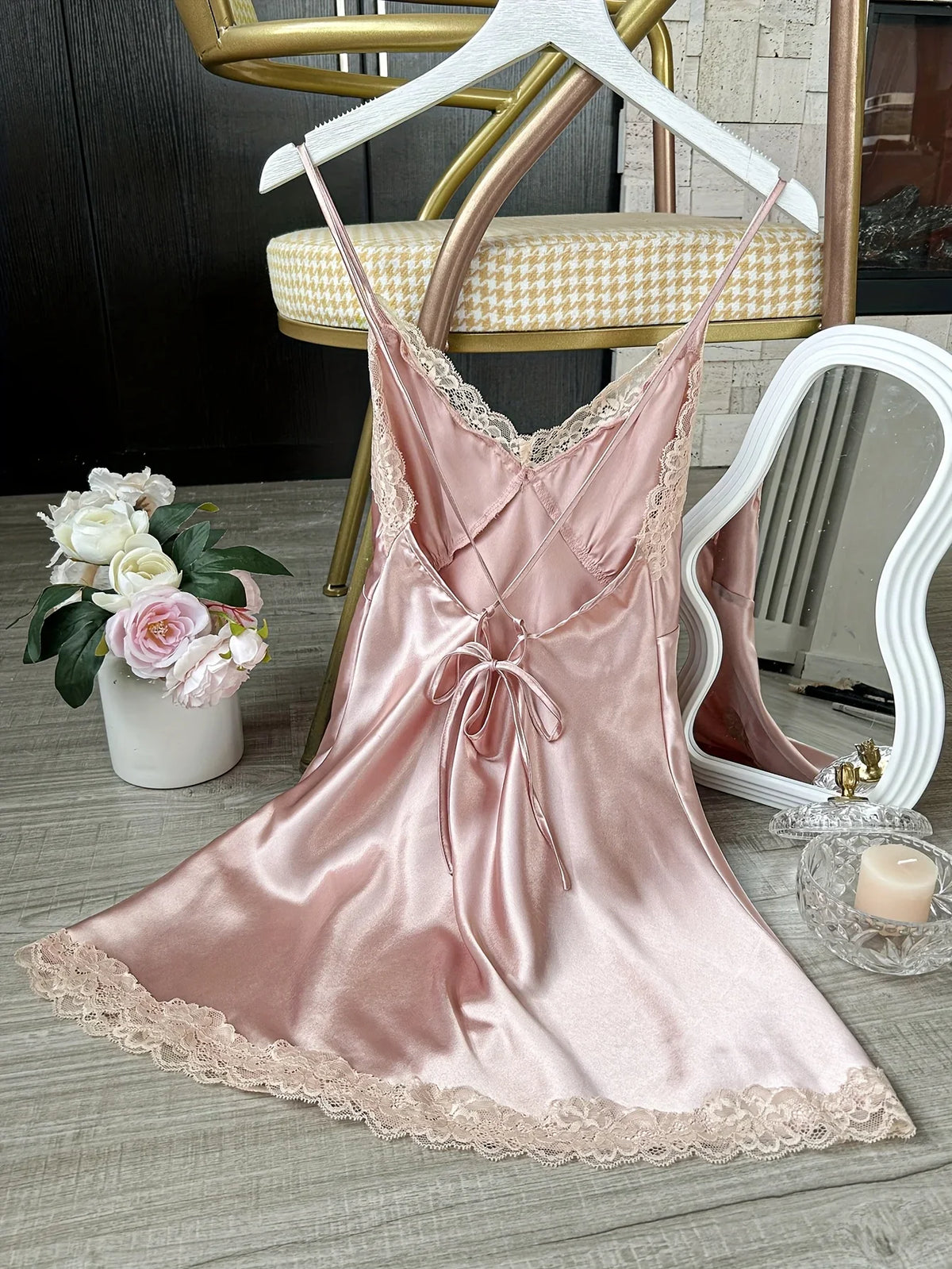 Women's Satin V-Neck Lace Trim Chemise 1-Pc Sexy Mini Nightdress