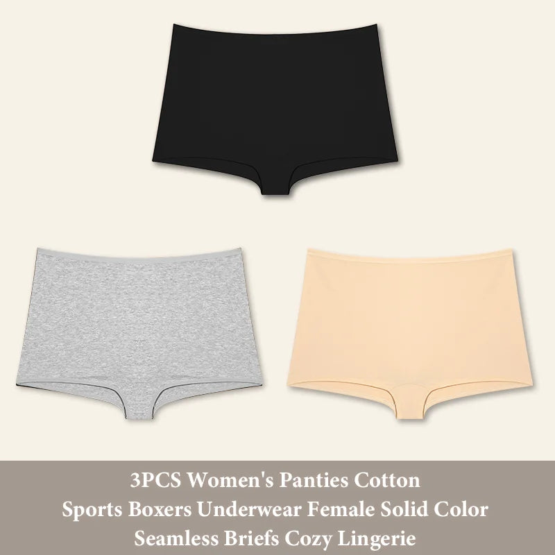 3PCS Women'sCotton Seamless Panties Sports Boxers Underwear Female Solid Color Briefs Cozy Lingerie Intimate Underpants XS-XL
