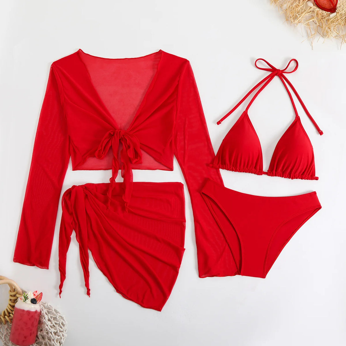 2025 Sexy Bikinis Female Swimsuits Women's Four-Piece Swimwear Beach Swim Wear Bathing Suits Brazilian Bikini Set Red Bather