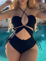 2026 Drawstring Swimsuit Solid Cut Out Knot Halter One Piece Swimwear Women Padded Bathing Suit Female Swimming Summer Beachwear