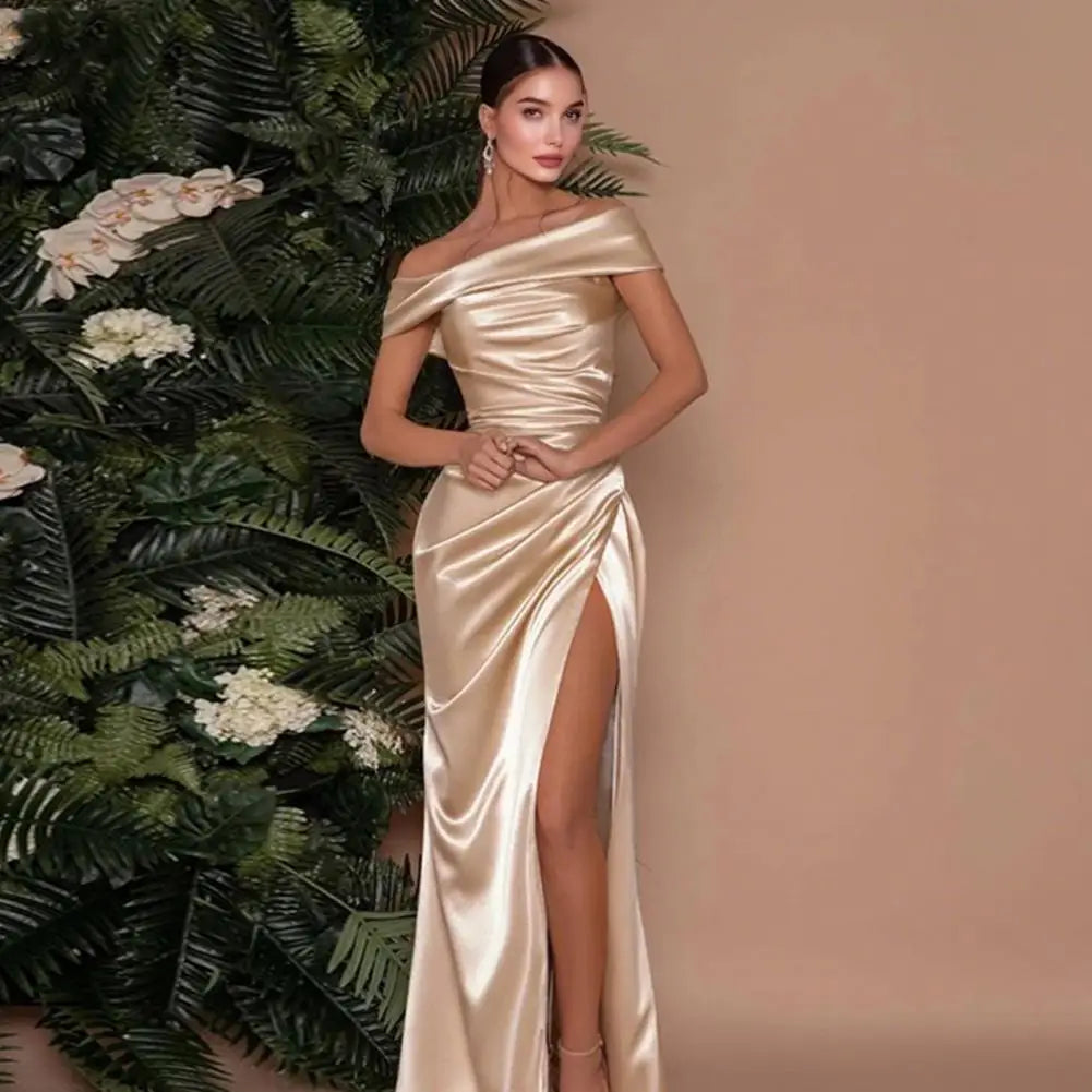 Off Shoulder Prom Dress for Women Satin Evening Party Formal Gown High Slit Cocktail Wedding Guest Maxi Dress