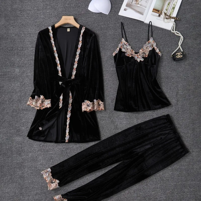 New Velour Pajama Suit Women 3PCS Robe Nightgown Set Sleepwear Lady Winter Velvet Warm Lace Folwer Kimono Bathrobe Gown 2025