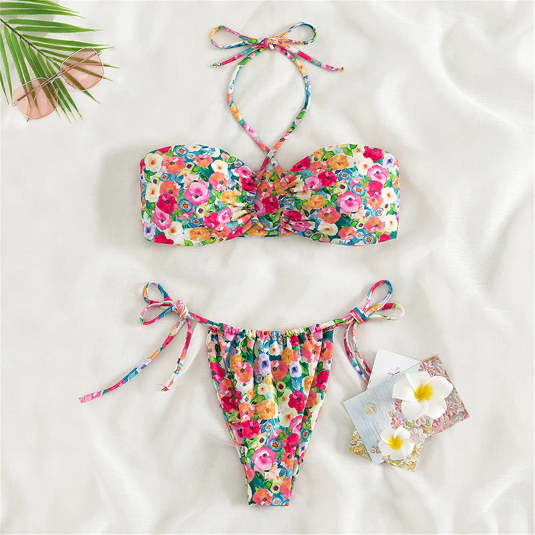 Sexy Floral Printed Halter Lace Up Bikini Female Swimsuit Women Swimwear Two-pieces Bikini set Bather Bathing Suit Swim K5026