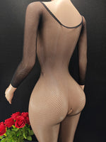 Women Fishnet Bodystocking Long Sleeve Sheer Mesh One Piece Bodysuit Stockings Black Stretch Jumpsuit Nightwear