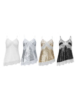 Women Sequin Camisole Tops Spaghetti Strap V Neck Lace Trim Loose Fit Tank Tops Summer Daily Casual Elegant Vest Streetwear