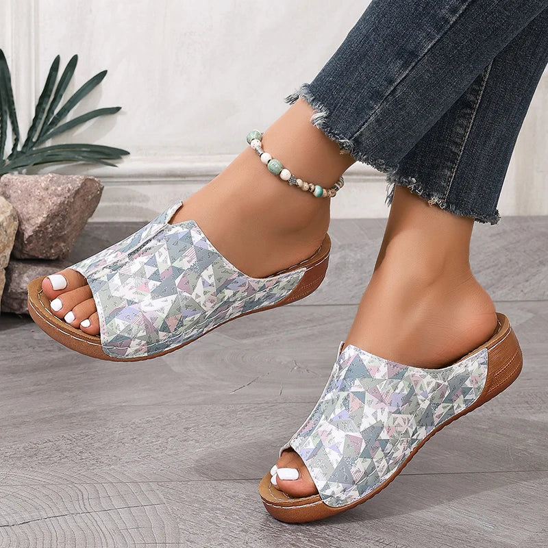 Mix Color Med Heels Slippers Women 2025 Summer Pu Leather Thick Platform Sandals Woman Lightweight Open Toe Non-Slip Flip Flops