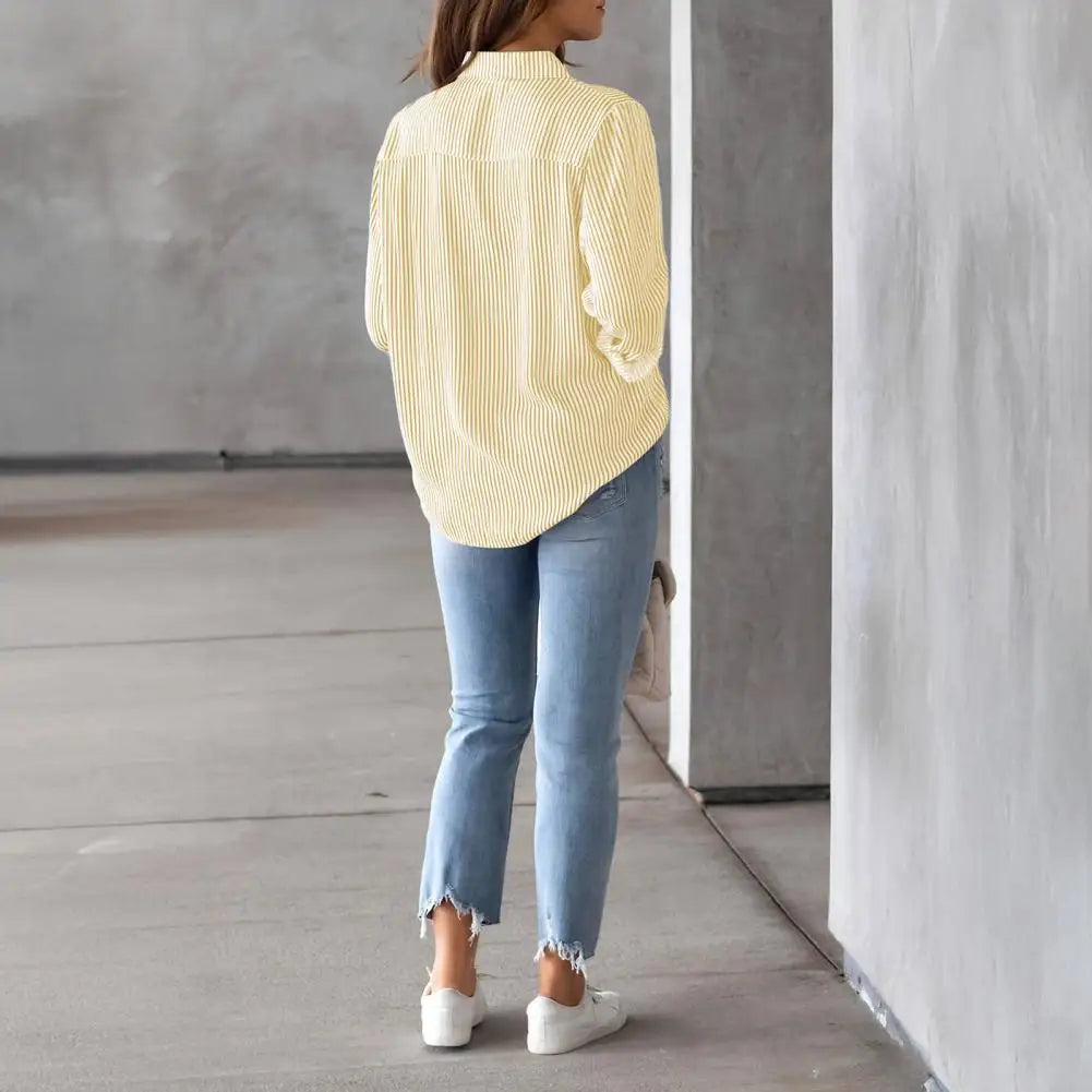 Women Shirt Lapel Long Sleeve Women's Shirts Single Breasted Shirt Tops with Patch Pocket Office Tops